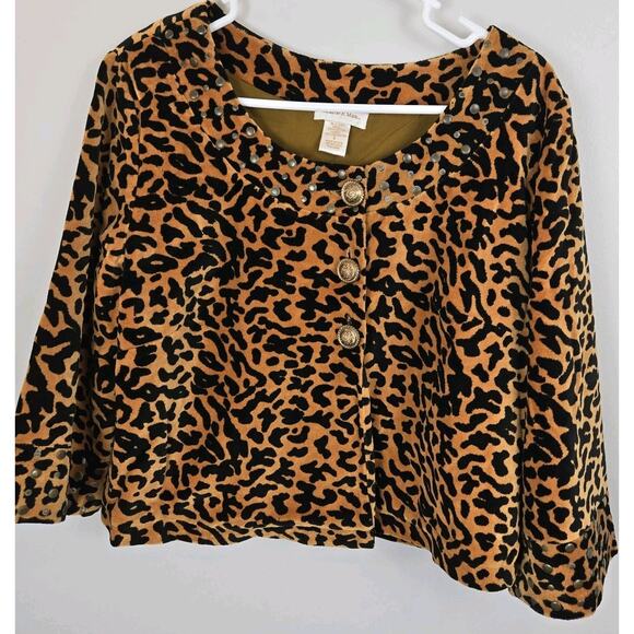 Velvet Cropped Jacket Leopard Print 3-Button Monroe & Main LARGE Orange Black - Picture 2 of 10